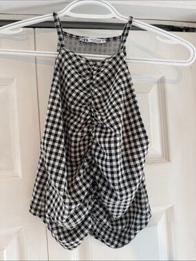 Zara small Black and White Gingham Ruched Halter crop Tank Top